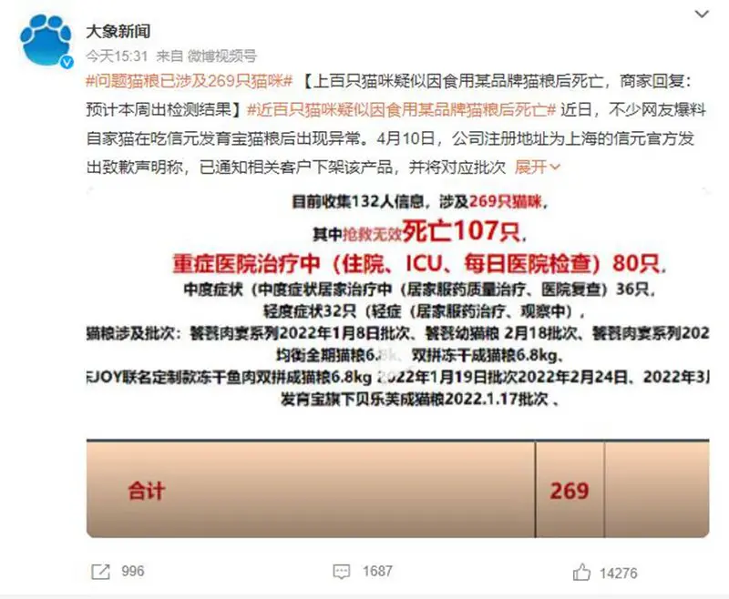 信元发育宝“饕餮成猫粮”疑造成近百只猫咪死亡,官方下架涉事猫粮并公开道歉!